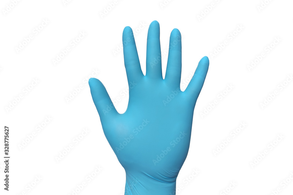 Doctor hand and blue gloves isolate on white background