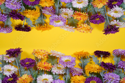 Spring flowers on yellow background. Empty space for design. photo