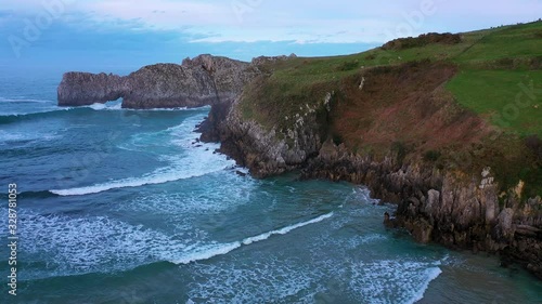 Aerial view of the landscape around Berellin Beach, Prellezo, Cantabria, Cantabrian Sea, Spain, Europe photo