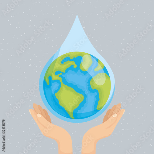 water day poster with hands lifting drop and world