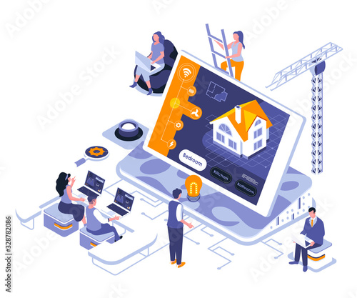 Smart home landing page vector template. Automated house control system website header UI layout with isometric illustration. Wireless controller on tablet display web banner isometry concept