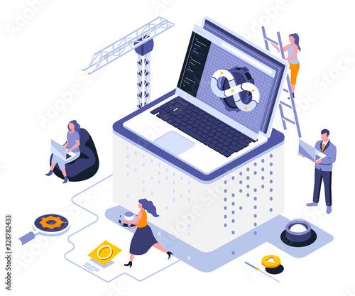 Web development landing page vector template. Program usability and performance website header UI layout with isometric illustration. Fullstack app engineering, devops web banner isometry concept