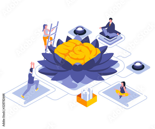 Meditation for mind landing page vector template. Calming techniques, stress relief website header UI layout with isometric illustration. Yoga workout, self-care web banner isometry concept