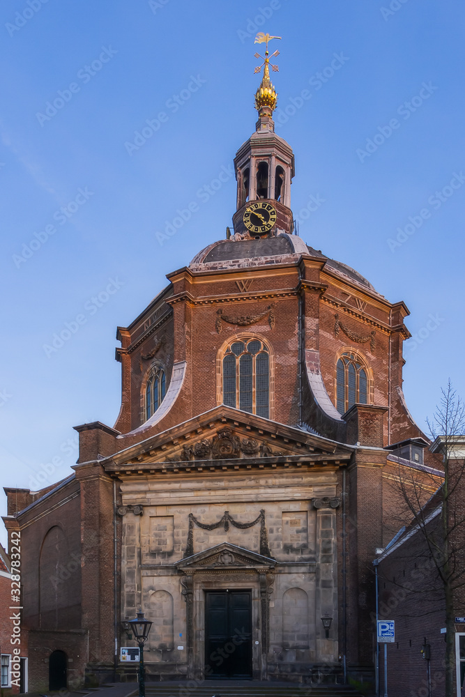 The view of Marekerk church, its dome and golden symbol of Leiden city, The Netherlands, Holland