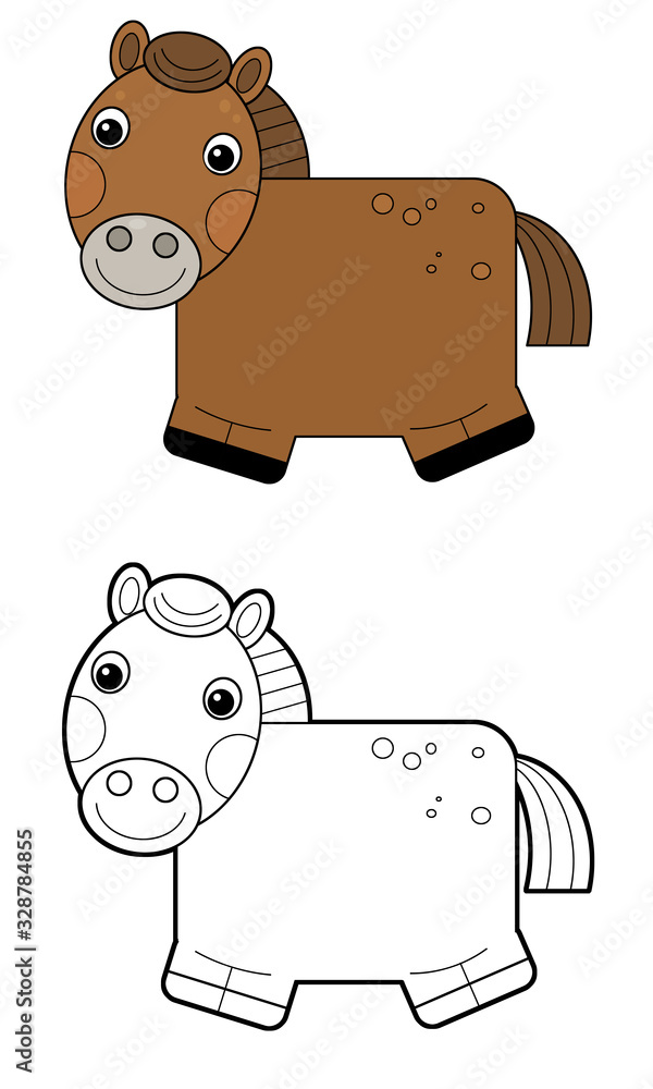 Obraz premium Cartoon happy farm animal cheerful horse isolated on white background with sketch illustration
