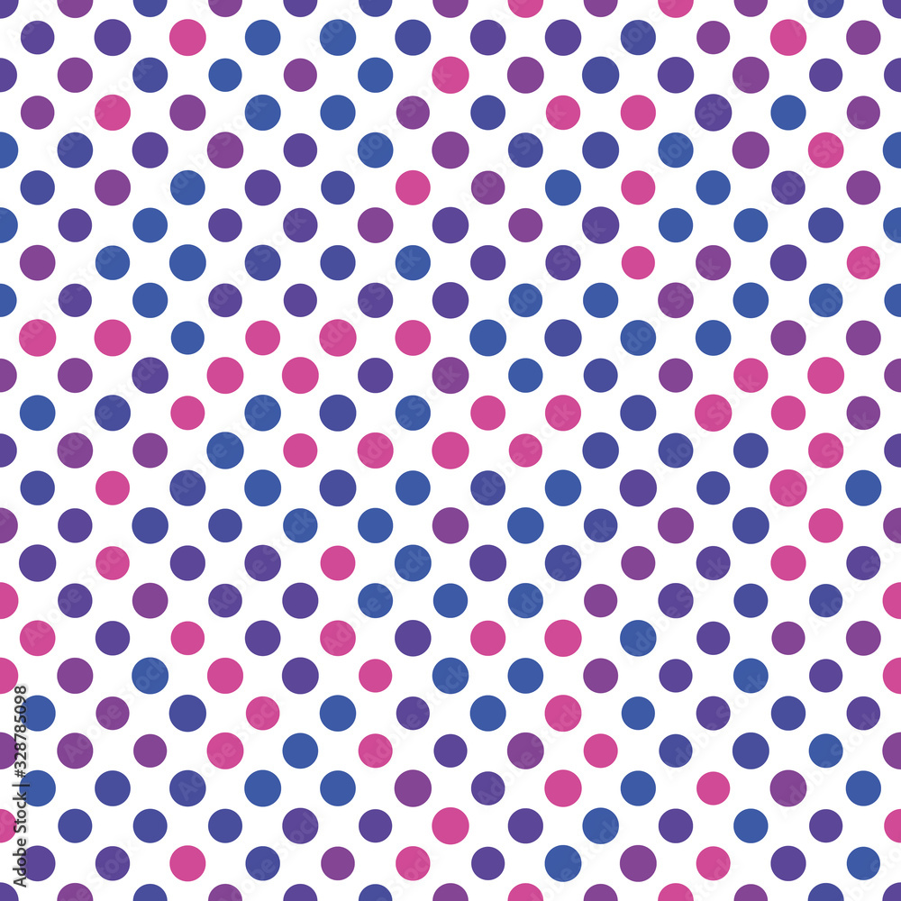 Seamless polka dot pattern. Pink, violet and blue dots in random sizes on white background. Vector illustration