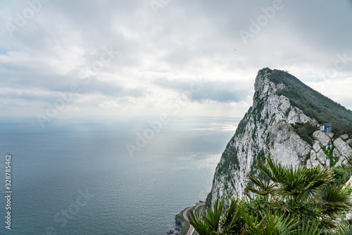 Rock of Gibraltar on a foggy morning, Gibraltar, UK. Copy space for text.