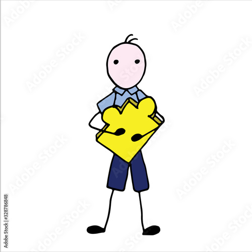 Boy with jigsaw puzzle in hand isolated on white background. Colored hand drawn vector illustration