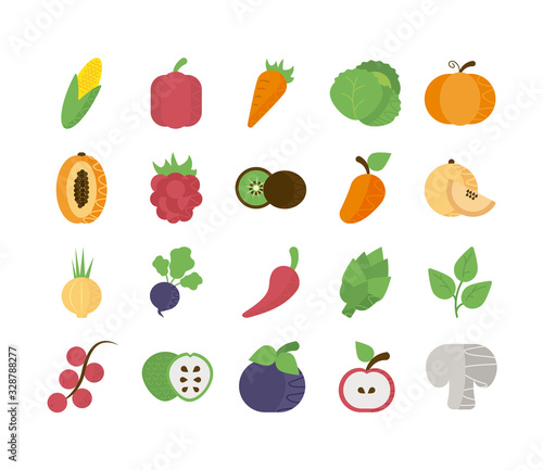set of icons of fresh fruits and vegetables