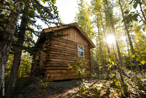 Secluded Log Cabin in Forest with Bright Sun Rays Coming Through Trees in Alaska During Summer 