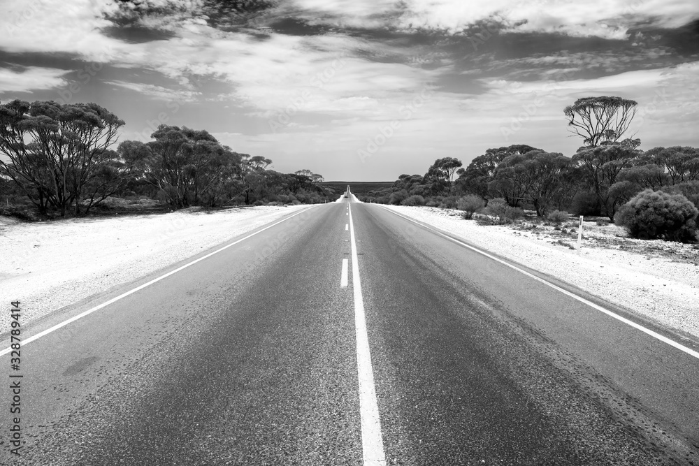 Black and white photo of a road into the desert, Outback, Australia