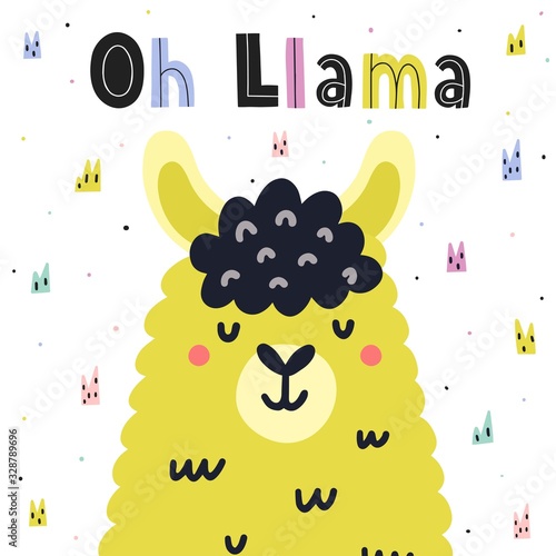 Oh Llama cute card in scandinavian style with hand drawn lettering
