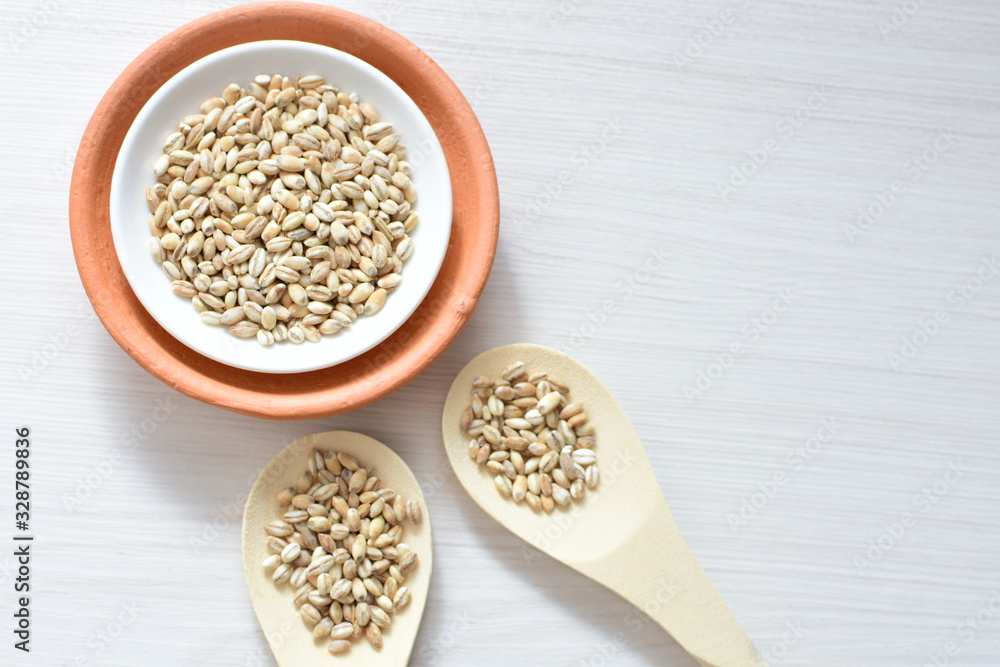Raw barley grains, released in containers on white wooden background Raw barley grains, released in containers on white wooden background