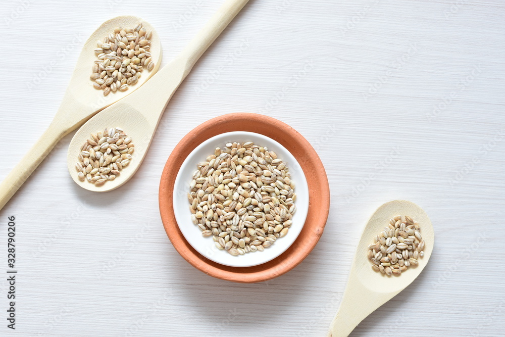 Raw barley grains, released in containers on white wooden background Raw barley grains, released in containers on white wooden background