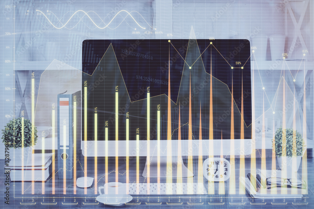 Forex graph hologram on table with computer background. Double exposure. Concept of financial markets. Forex graph hologram on table with computer background. Double exposure. Concept of financial markets.