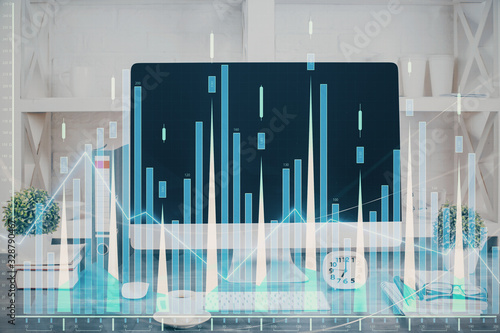 Forex graph hologram on table with computer background. Double exposure. Concept of financial markets.