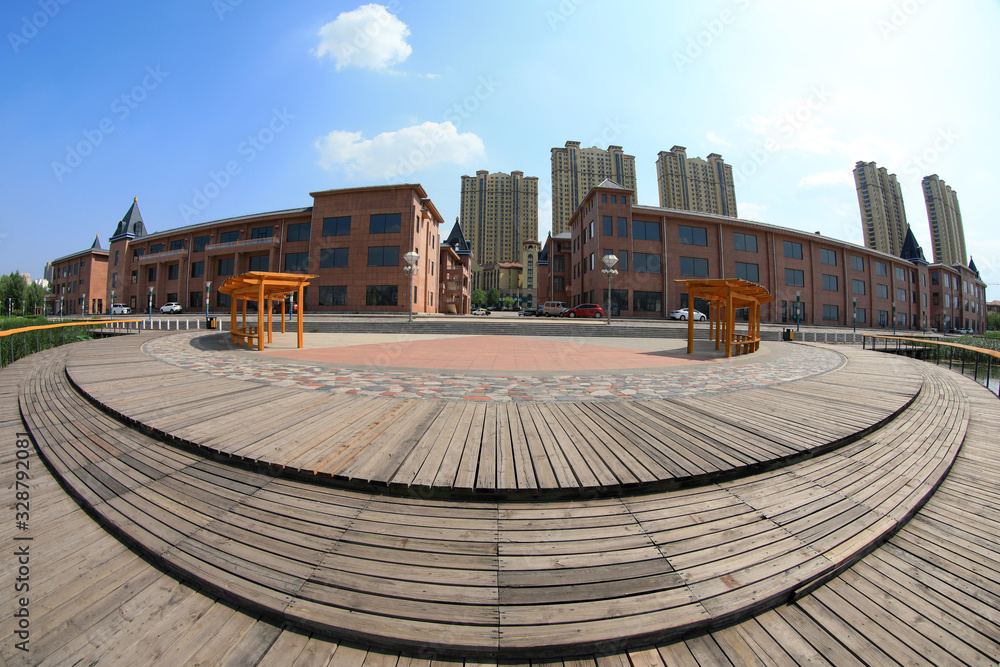 Park Wooden Platform, Wide Angle Photography