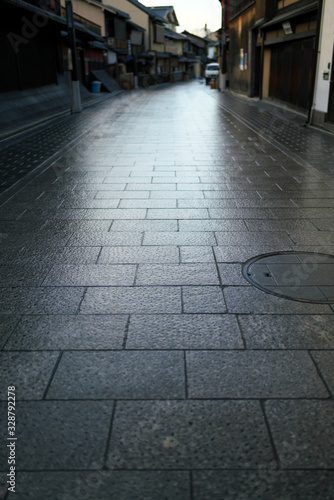 Kyoto,Japan-February 27, 2020: Vacant Wet Hanamikoji Street at Gion in Kyoto in the morning