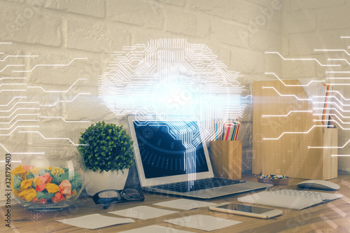 Double exposure of work space with computer and human brain drawing hologram. Brainstorm concept. © peshkova