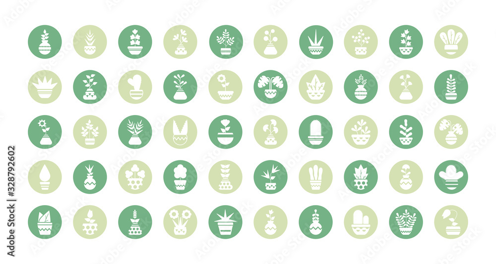 set of icons houseplants with potted, block and flat style icon set of icons houseplants with potted, block and flat style icon