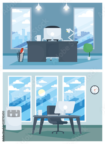 office workplace with desktops scene