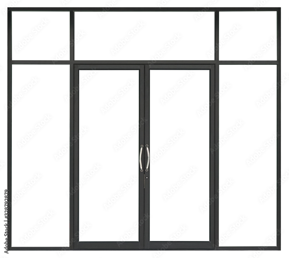 Real black modern aluminium glass door isolated on white background,  interior clean frontstore window frame for shop design Stock Photo | Adobe  Stock
