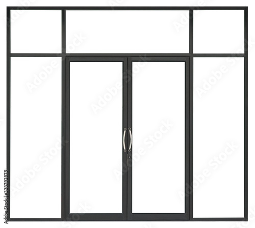 Real black modern aluminium glass door isolated on white background, interior clean frontstore window frame for shop design