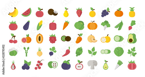 set of icons of fresh fruits and vegetables