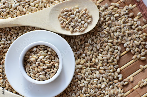 Raw barley grains, displayed in containers on textured background