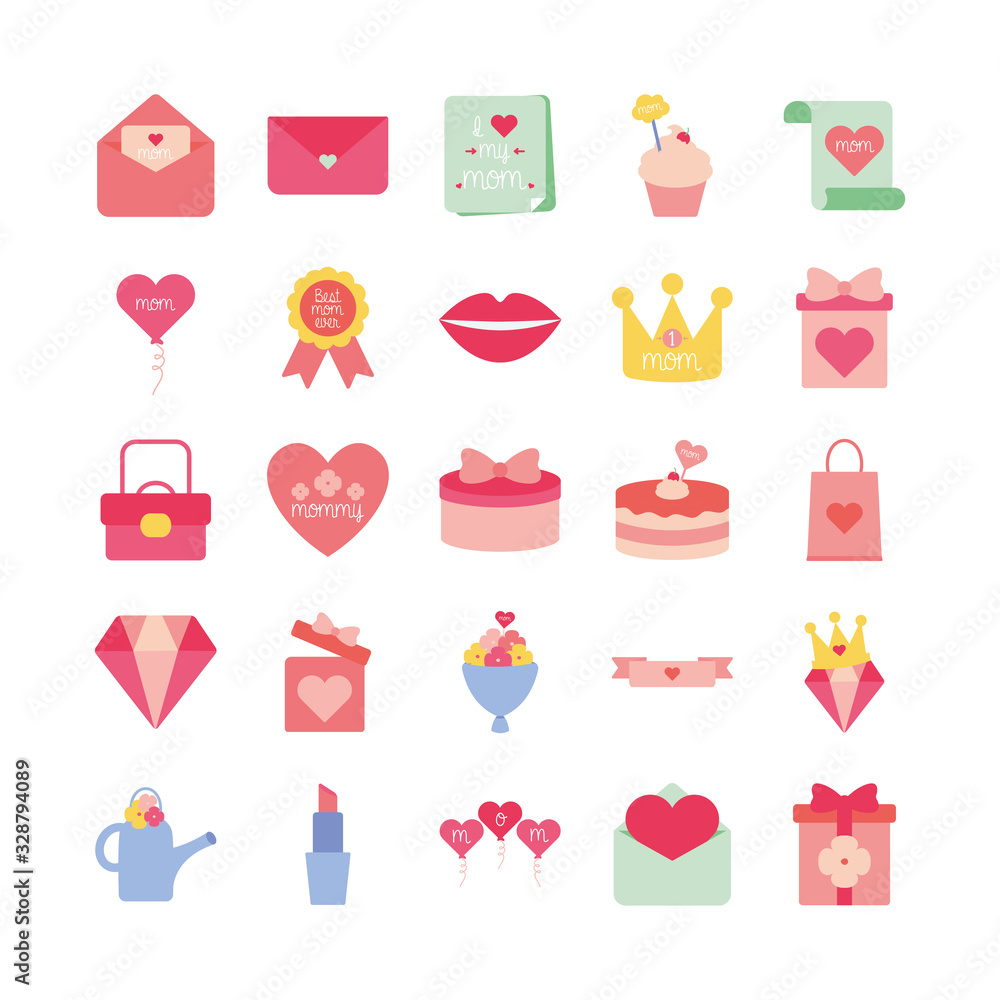 Happy mothers day flat style icon set vector design Happy mothers day flat style icon set vector design