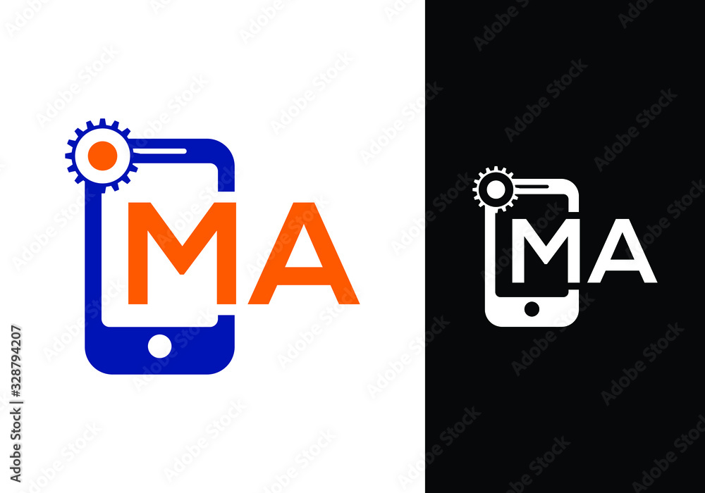 Mobile phone Icon with letter M A logo  design template. - obrazy, fototapety, plakaty 