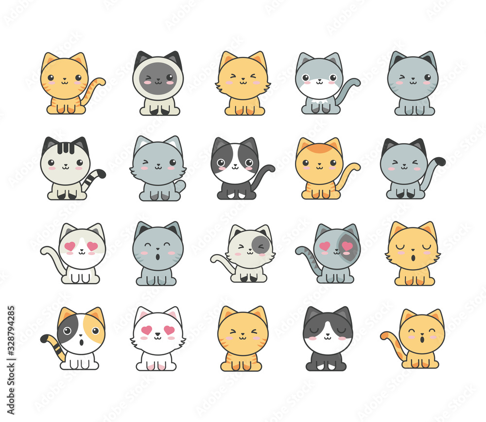 set of cute cats on white background set of cute cats on white background