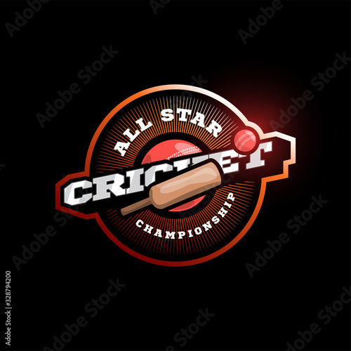 Modern professional Typography cricket sport super hero style vector emblem and template logo design with ball. Funny greetings for clothes, card, badge, icon, postcard, banner, tag, stickers, print.