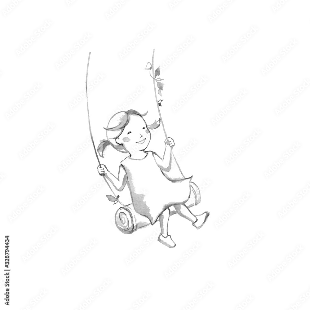 木のブランコに乗る女の子 線描 Stock イラスト Adobe Stock