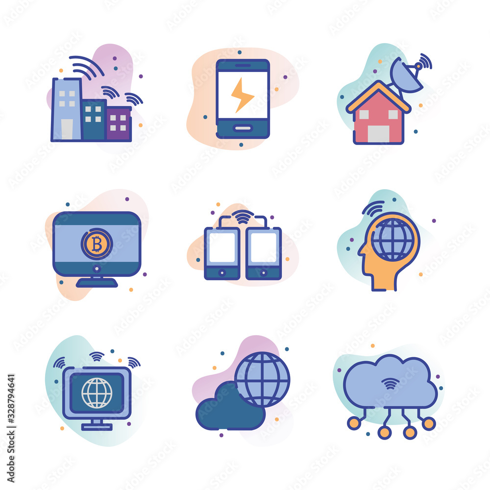 Technology and internet line fill block style icon set vector design Technology and internet line fill block style icon set vector design