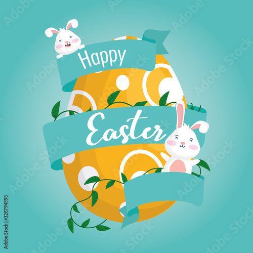 happy easter celebration card with rabbits and egg floral frame
