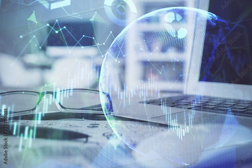 Financial chart hologram with glasses on the table background. Concept of business. Double exposure. Financial chart hologram with glasses on the table background. Concept of business. Double exposure.