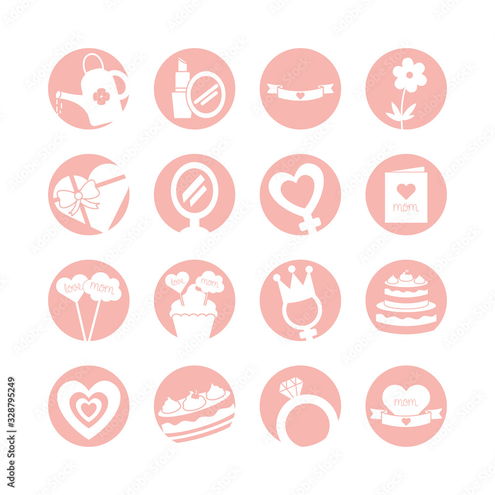 Happy mothers day silhouette style icon set vector design