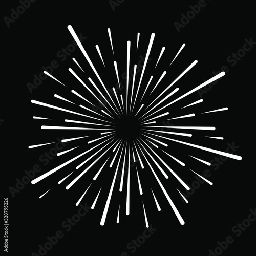 Radial white speed lines in round form. Vector illustration. Fireworks. Star rays. Explosion. Design element for prints, web, template, logo, tattoo and pattern. Star burst shape