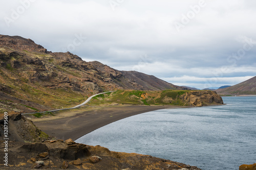 Road along lake Kleifarvatn in south Iceland