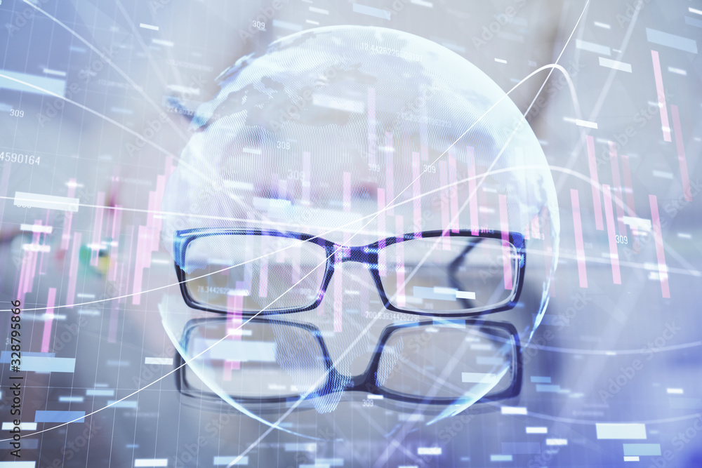 Hand taking notes in notepad. Forex chart holograms in front. Concept of research. Double exposure Hand taking notes in notepad. Forex chart holograms in front. Concept of research. Double exposure