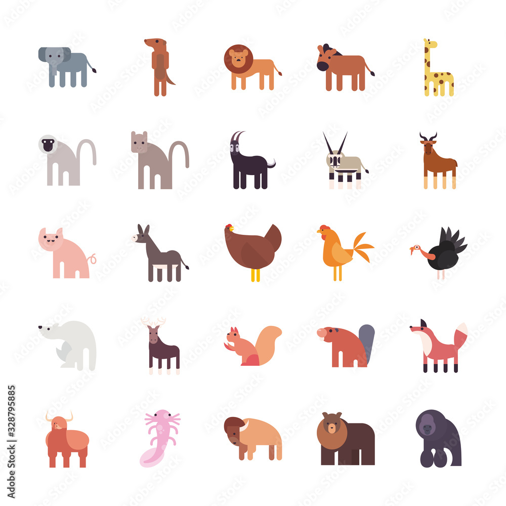 Obraz premium Cute animals cartoons fill style icon set vector design