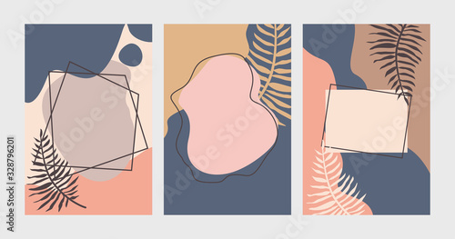 Set of cards with abstract geometric design. Pink, brown, blue modern shapes,...