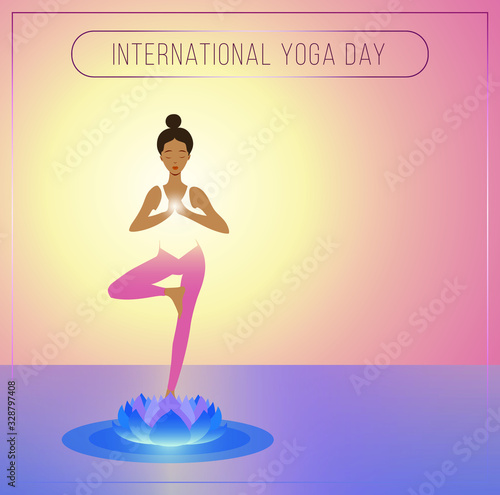 Flat vector Illustration of black afro american young woman, doing yoga, standing in tree pose, on a lotus. Spiritual zen concept for International Yoga Day, yoga studio, spa center, with copy space.