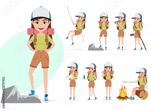 Female mountain climber vector character set. Woman hiker character in different summer hiking activities and standing poses like rope climbing, telescoping, walking and cooking isolated in white.