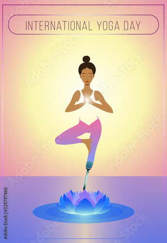 African american girl with artificial leg, prosthetic lower limb, in yoga tree pose. Inclusion yoga lifestyle, invalid person in active life. Flat vector illustration on disability, body positivity