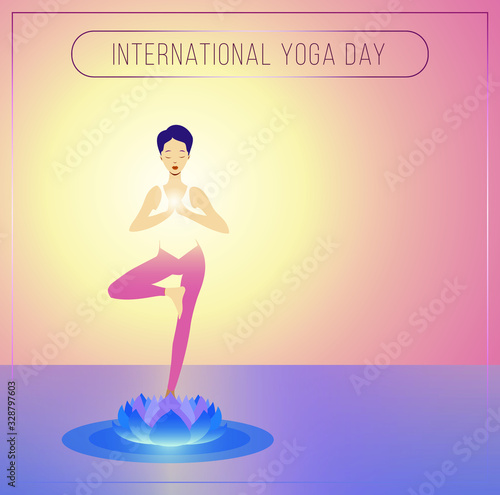 Flat vector Illustration of white young woman, doing yoga, standing in tree pose, vrikshasana, on a lotus. Spiritual zen concept for International Yoga Day, yoga studio, spa center, with copy space.