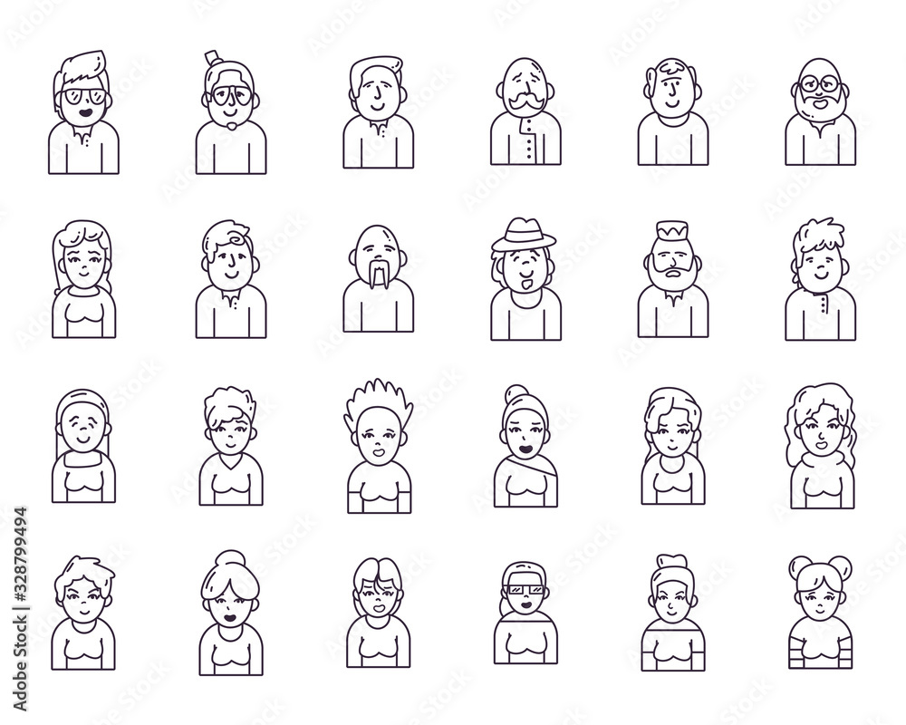 Fototapeta premium Isolated people avatars line style icon set vector design