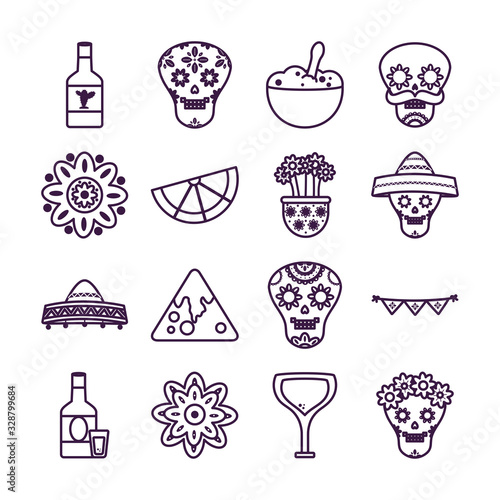 Mexican line style icon set vector design