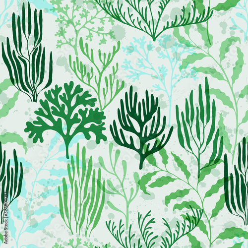 Coral reef seamless pattern., Mediterranean staghorn and pillar corals bushes.